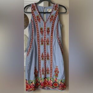 Maeve Anthropologie Madeline Embroidered Blue White Stripe Shift Dress